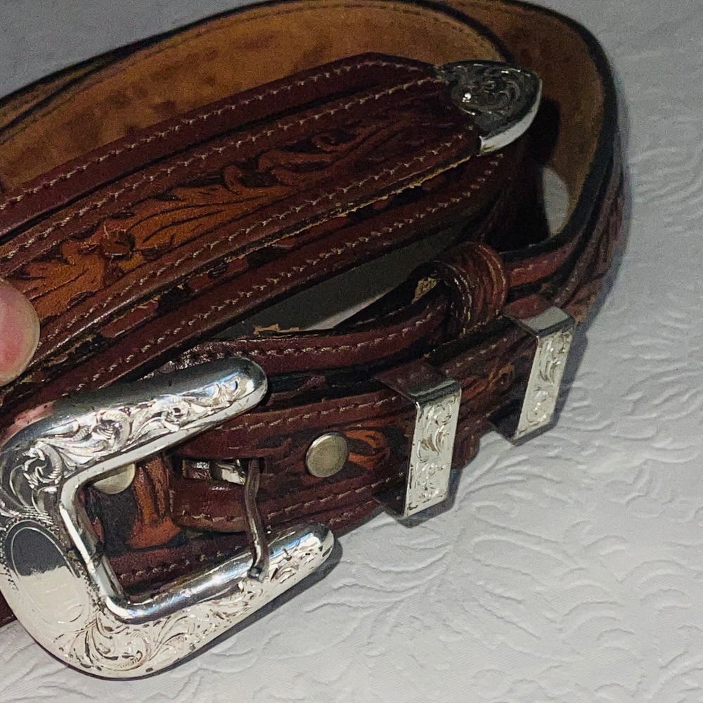 Montana Silversmiths Sterling Silver Plate Buckle Toolled Leather Belt 36"